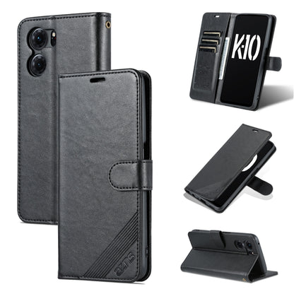 Black sheepskin-textured flip leather phone case, front/back and stand views