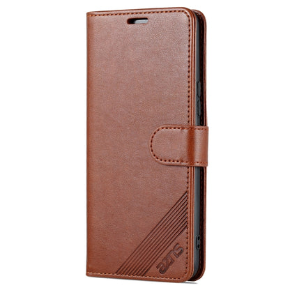 Brown faux leather flip phone case with stitched edges and side button cutout.