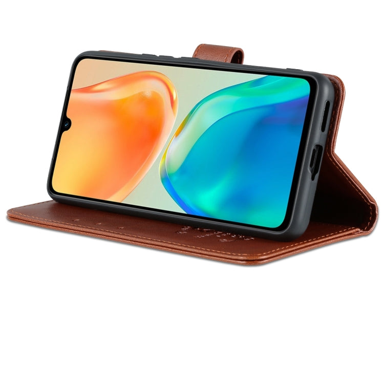 Brown wallet-style flip phone case with stand function and front screen cover.
