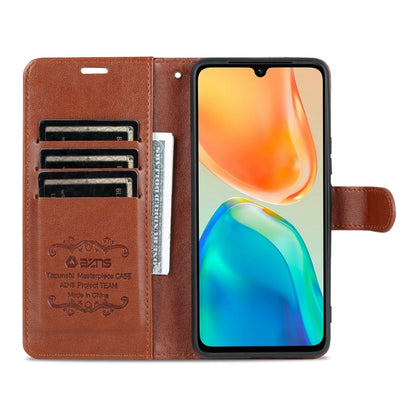 Brown flip phone case opened to show card slots and brand label panel.