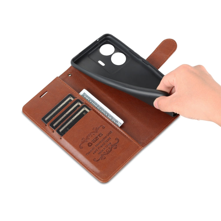 Brown flip phone case open with card pocket and hand-ready pull tab.