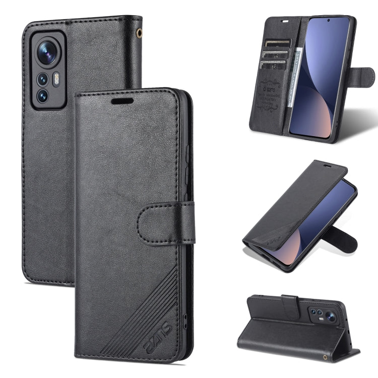 Black sheepskin-textured flip leather phone case with kickstand view