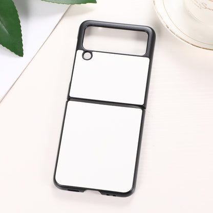 Two-piece white textured phone case with black frame and camera cutout.