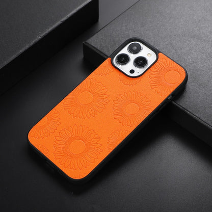 Orange sunflower-pattern shockproof phone case with raised camera frame