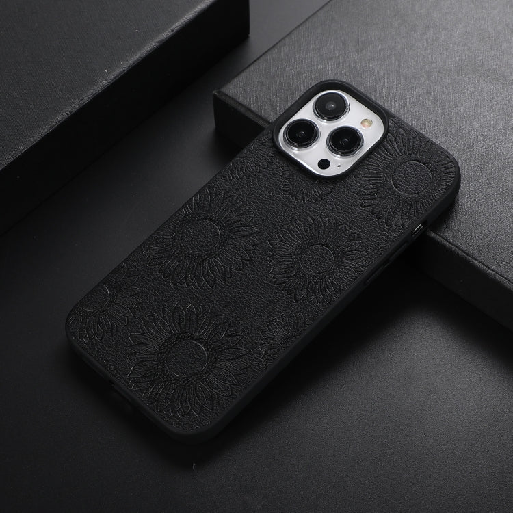 Black sunflower-pattern shockproof phone case with raised camera module