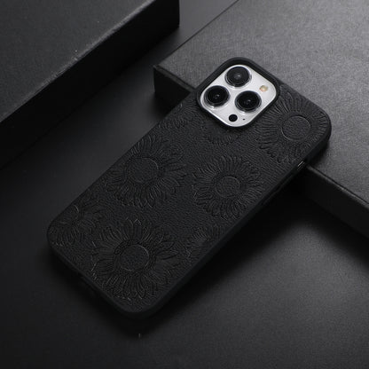 Black sunflower-pattern shockproof phone case with raised camera module