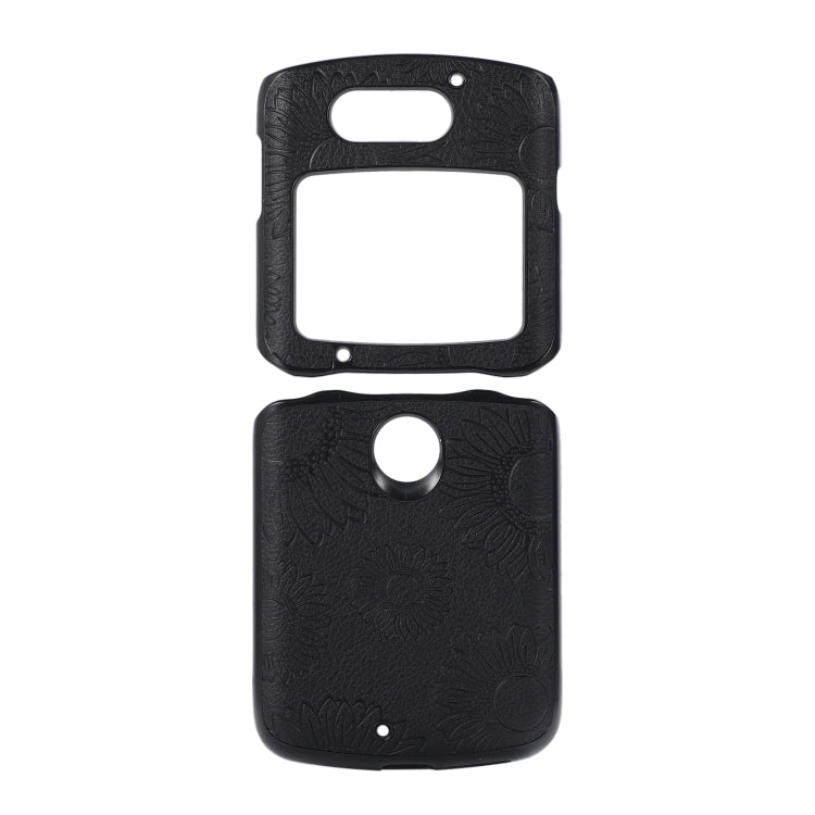 Black sunflower textured shockproof phone case with camera cutout and speaker opening