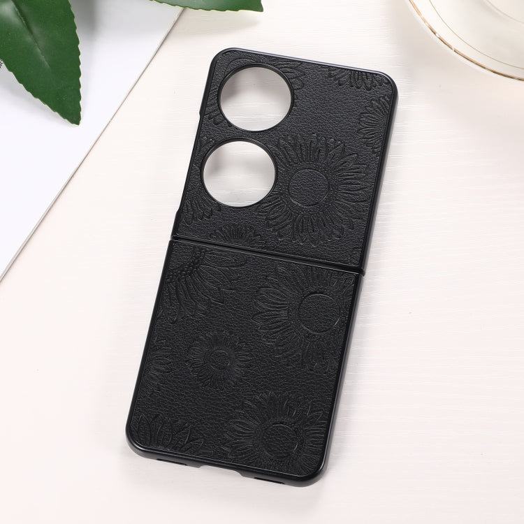Black sunflower textured shockproof phone case with dual camera cutouts
