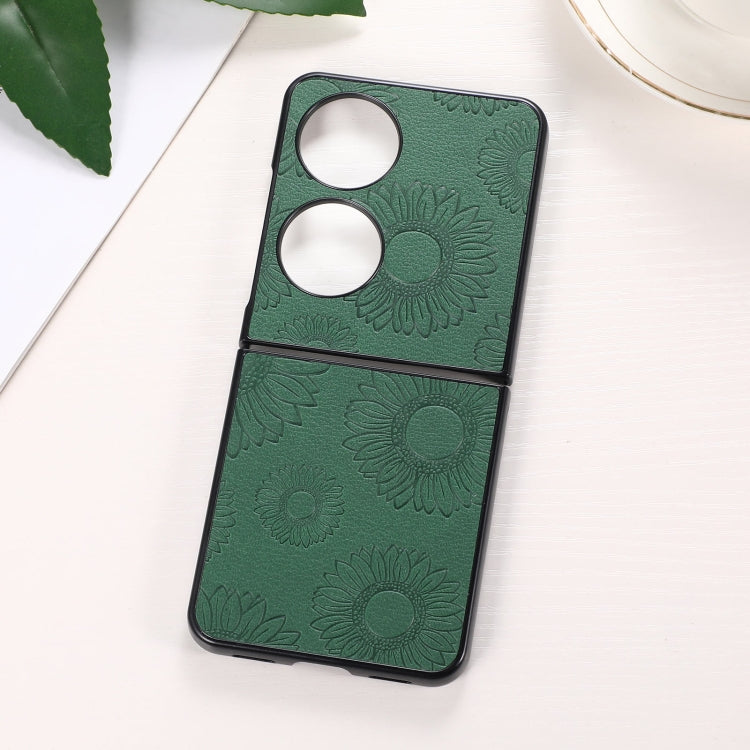 Shockproof phone case with green sunflower pattern, dual camera cutouts