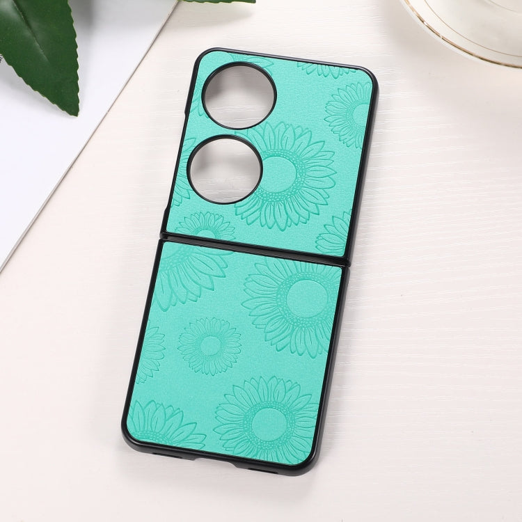 Shockproof phone case with light teal sunflower pattern, dual camera cutouts