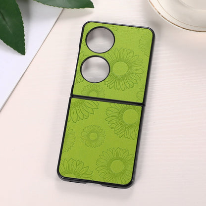 Shockproof phone case with light green sunflower pattern, dual camera cutouts