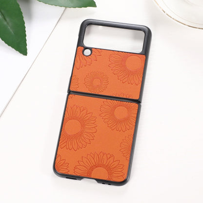 Shockproof phone case with orange sunflower pattern, dual camera cutouts