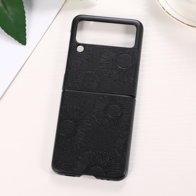 Shockproof phone case with black embossed sunflower pattern, dual camera cutouts