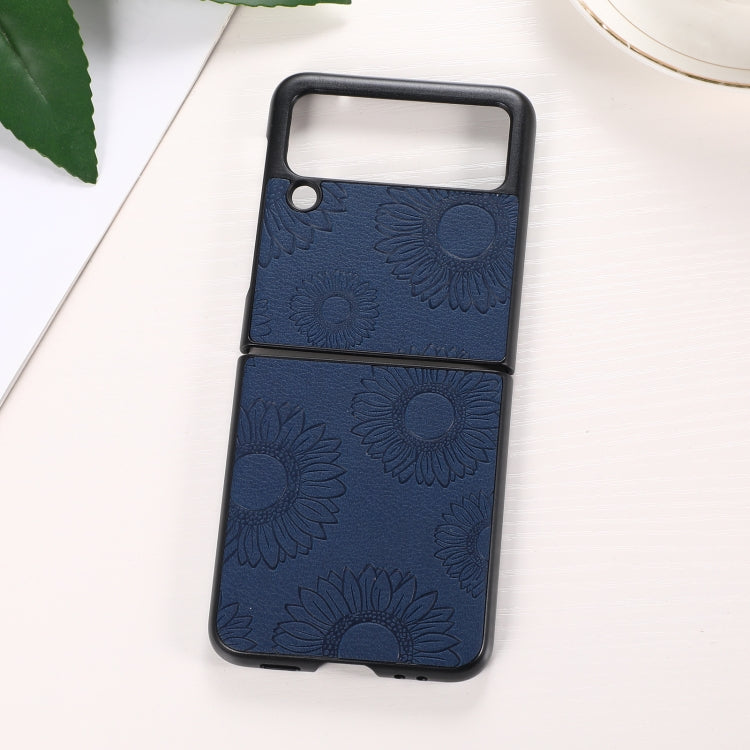 Shockproof phone case with dark blue sunflower pattern, dual camera cutouts