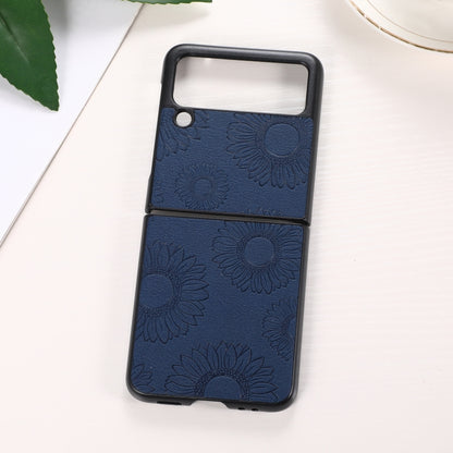 Shockproof phone case with dark blue sunflower pattern, dual camera cutouts