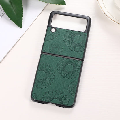 Shockproof phone case with dark green sunflower pattern, dual camera cutouts