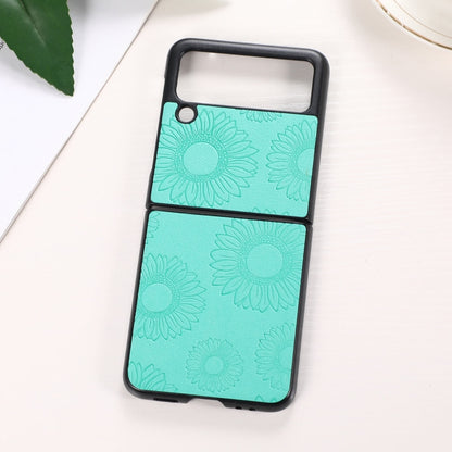 Shockproof phone case with turquoise sunflower pattern, dual camera cutouts