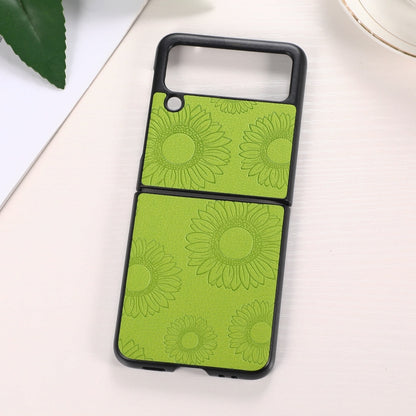 Green sunflower patterned shockproof phone case with raised camera cutouts and bezel