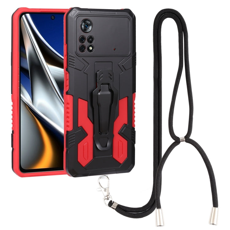 Mecha armor phone case with kickstand and lanyard strap, red and black
