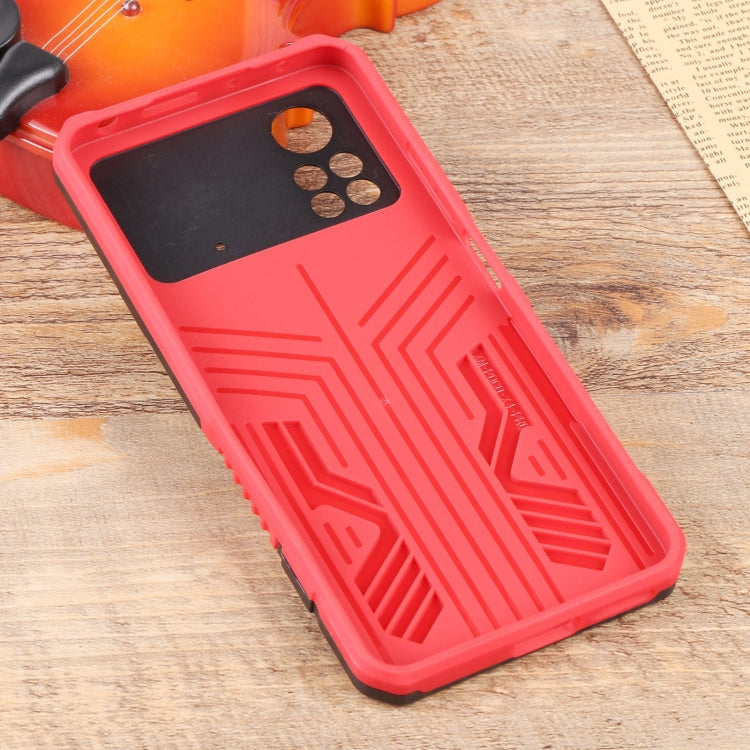 Mecha armor phone case with kickstand and lanyard strap, red silicone back