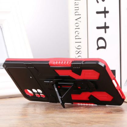 Mecha armor phone case with kickstand and lanyard strap, red and black side view