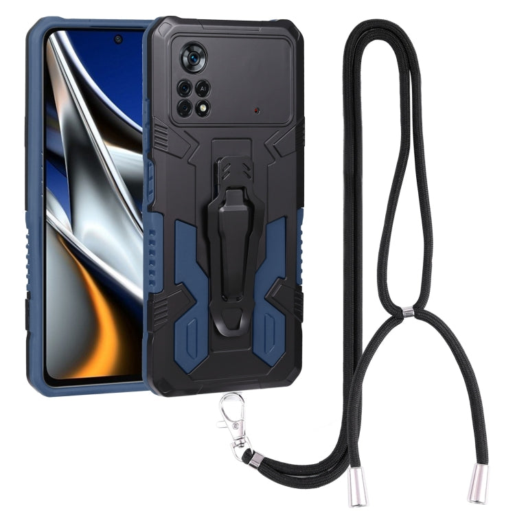 Mecha armor phone case with kickstand and lanyard strap, blue and black