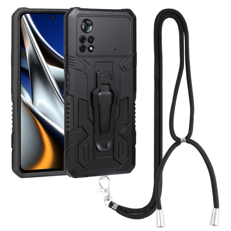 Mecha armor phone case with lanyard, black rugged shell and camera protection, strap included