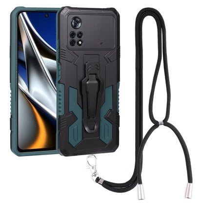 Mecha armor phone case with lanyard, teal-accented black rugged armor, camera openings