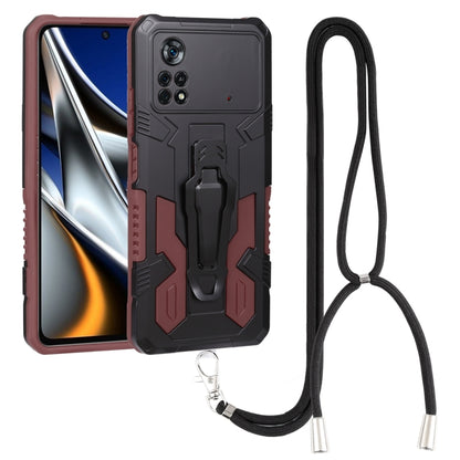 Mecha armor phone case with lanyard, burgundy and black rugged protective shell