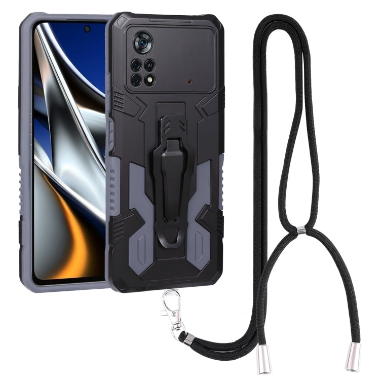 Mecha armor phone case with lanyard, gray and black rugged protective cover