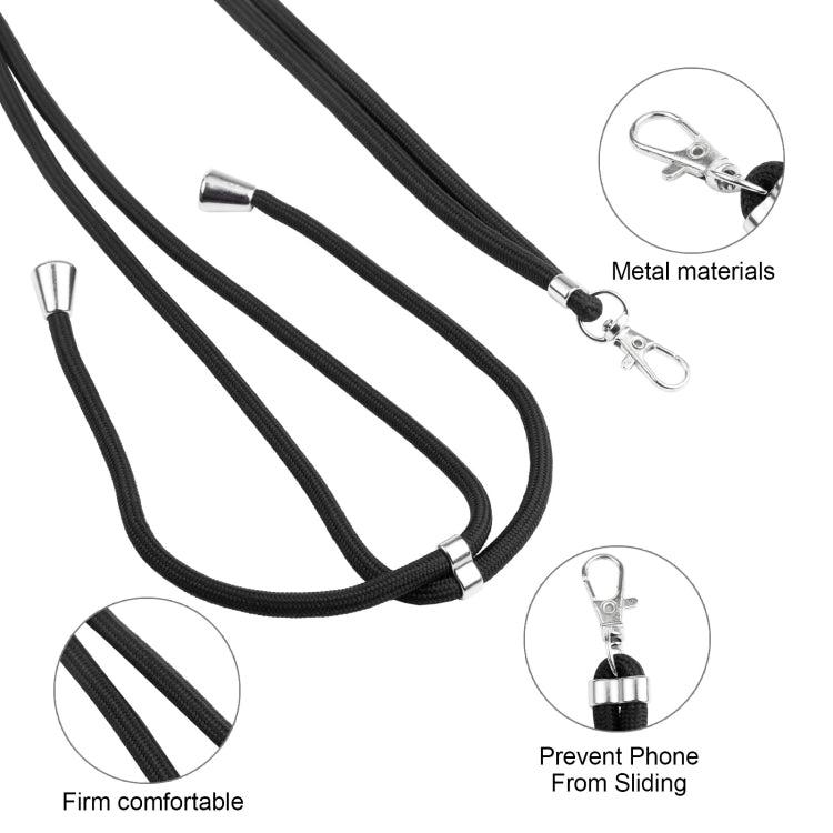 Black phone lanyard with metal clips and adjustable cord to prevent slipping