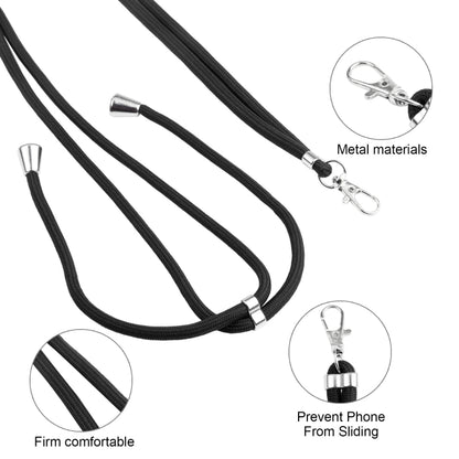 Black phone lanyard with metal clips and adjustable cord to prevent slipping