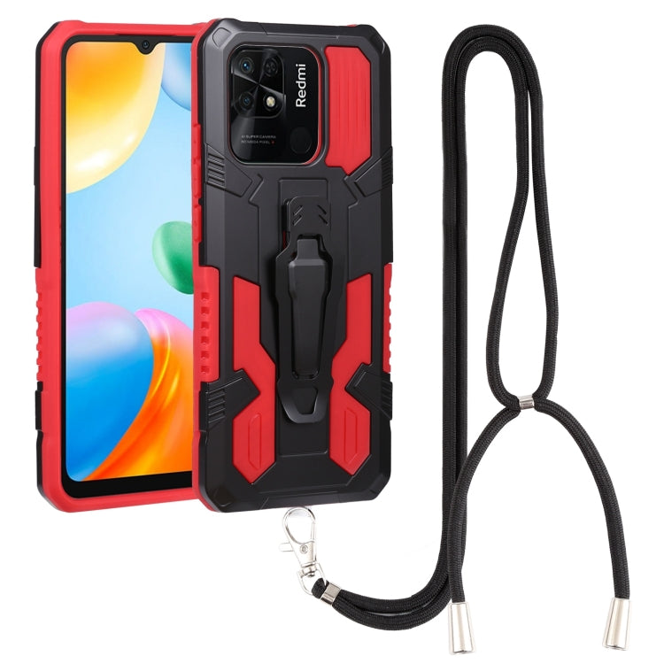 Mecha armor phone case with kickstand and lanyard strap, red and black