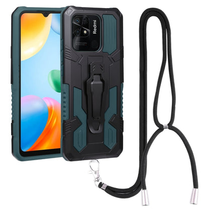 Mecha armor phone case with lanyard, teal-accented black rugged cover, rear camera protection