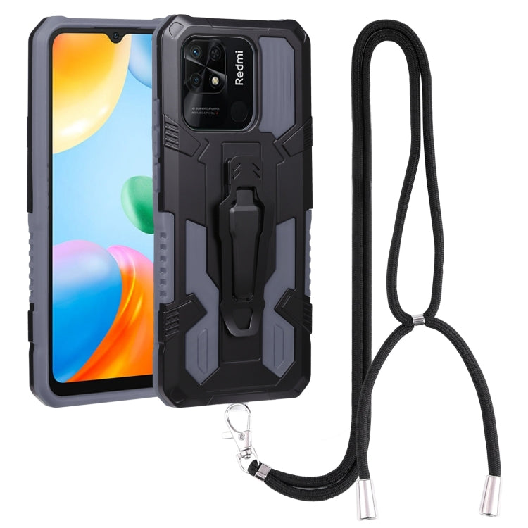 Mecha armor phone case with lanyard, gray and black textured shockproof back