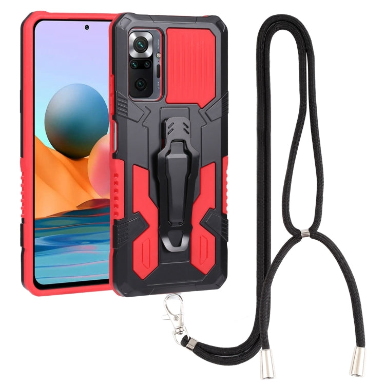 Mecha armor phone case with kickstand and lanyard strap, red and black