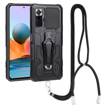 Mecha armor phone case with lanyard, dark blue/black rugged frame, raised edges for screen
