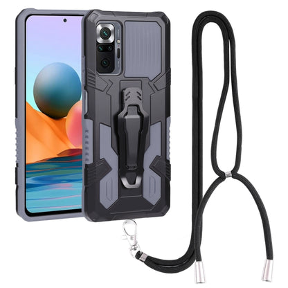 Mecha-style phone case with lanyard; dark gray/black armor and camera cutouts
