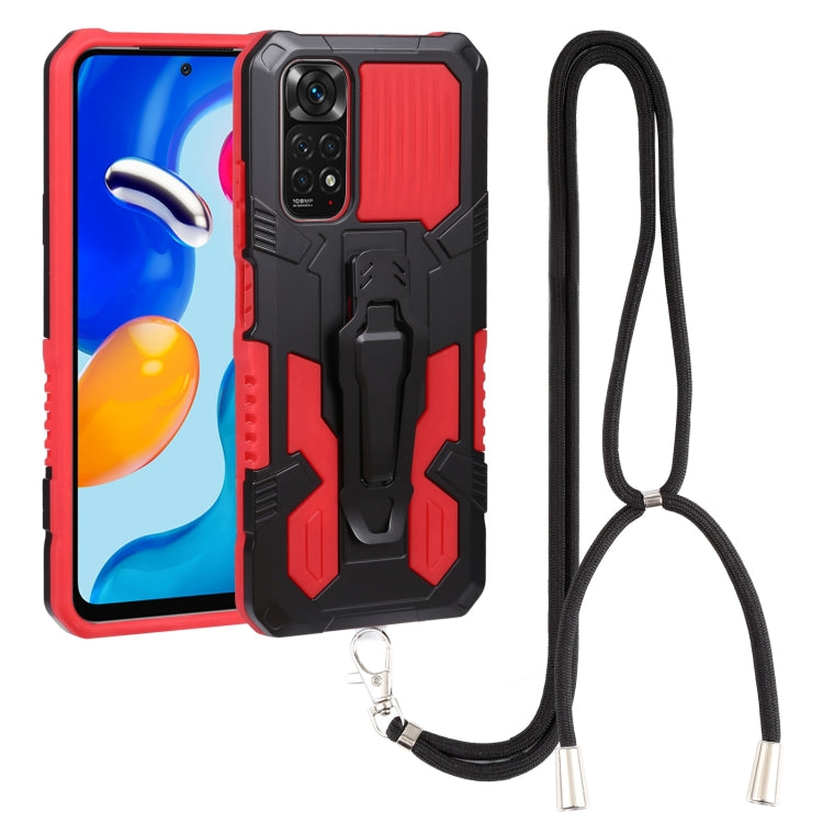 Mecha armor phone case with kickstand and lanyard strap, red and black