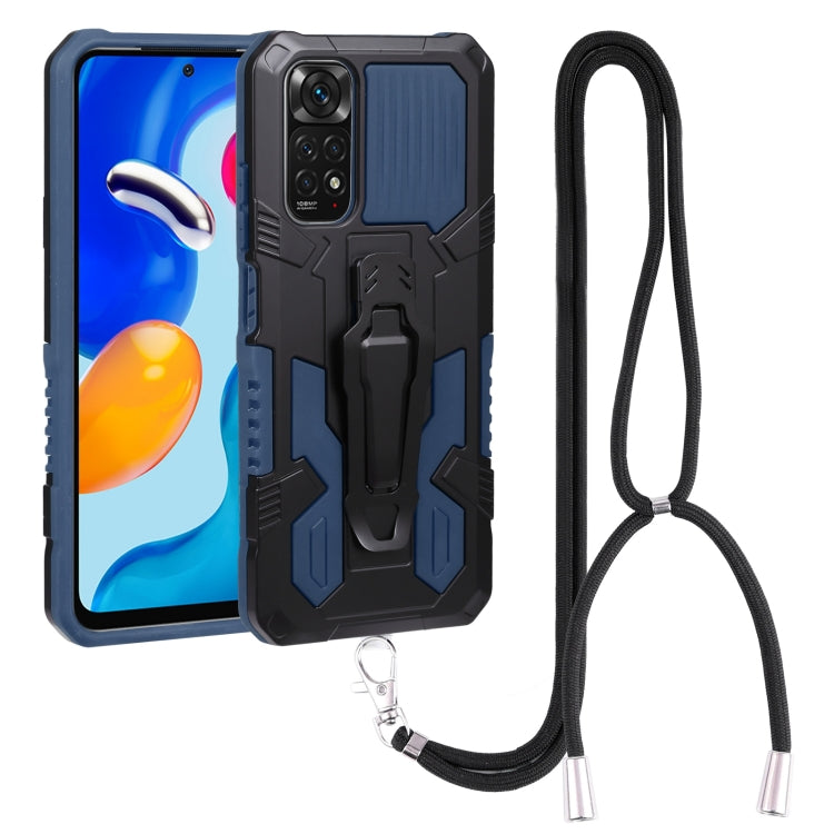 Mecha armor phone case with lanyard, dark blue/black rugged shell, rear camera cutouts