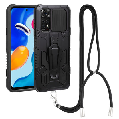 Mecha armor phone case with lanyard, dark blue/black armored design, camera bump protection