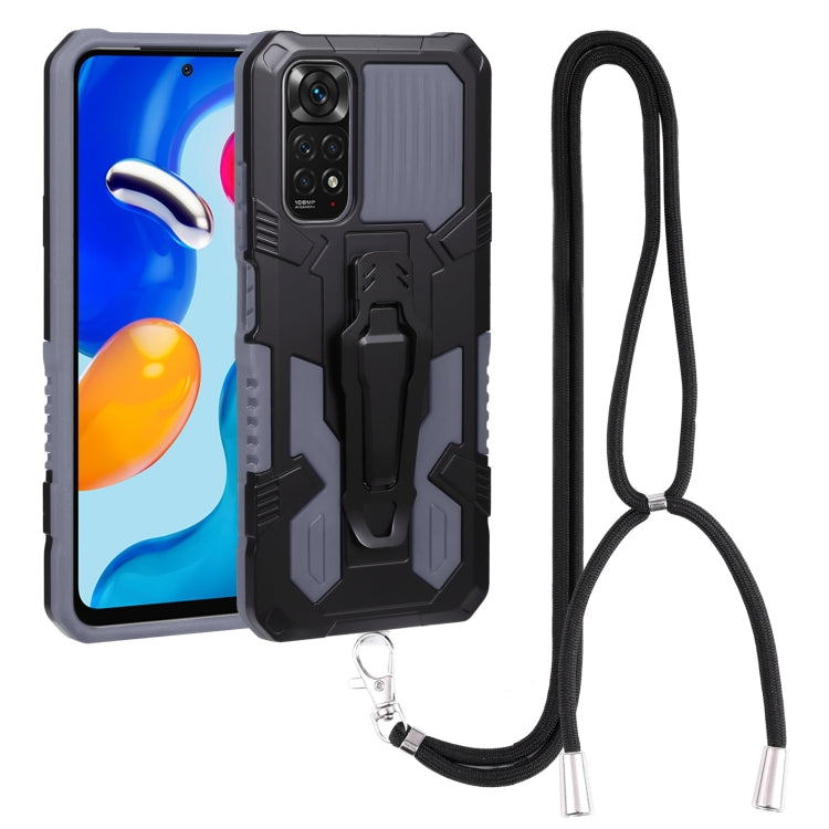 Mecha-style phone case with lanyard; dark gray/black armor beside a blue phone screen