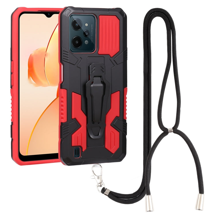 Mecha armor phone case with kickstand and lanyard strap, red and black
