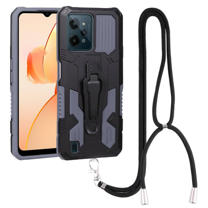 Mecha-style phone case with lanyard; dark gray/black armor beside a tan phone screen