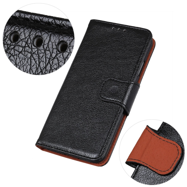 Black nappa-texture leather flip phone case with stitched buckle-style front strap