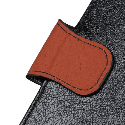 Close-up: black nappa-texture leather flip case with orange inner card holder panel