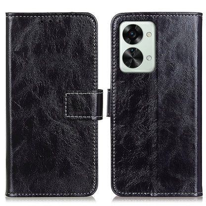 Black leather flip phone case with camera cutout and side clasp
