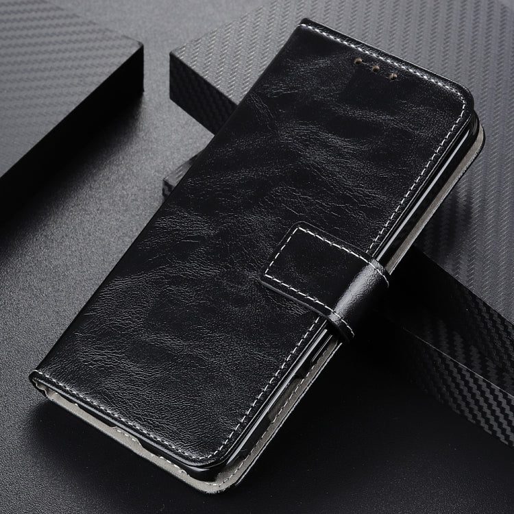 Black leather flip phone case with front flap and side button access