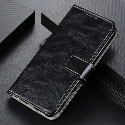 Black leather flip phone case with front flap and side button access