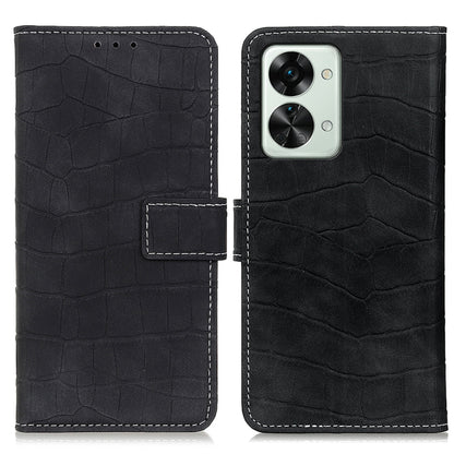 Black crocodile-texture leather phone case with camera cutout and magnetic closure